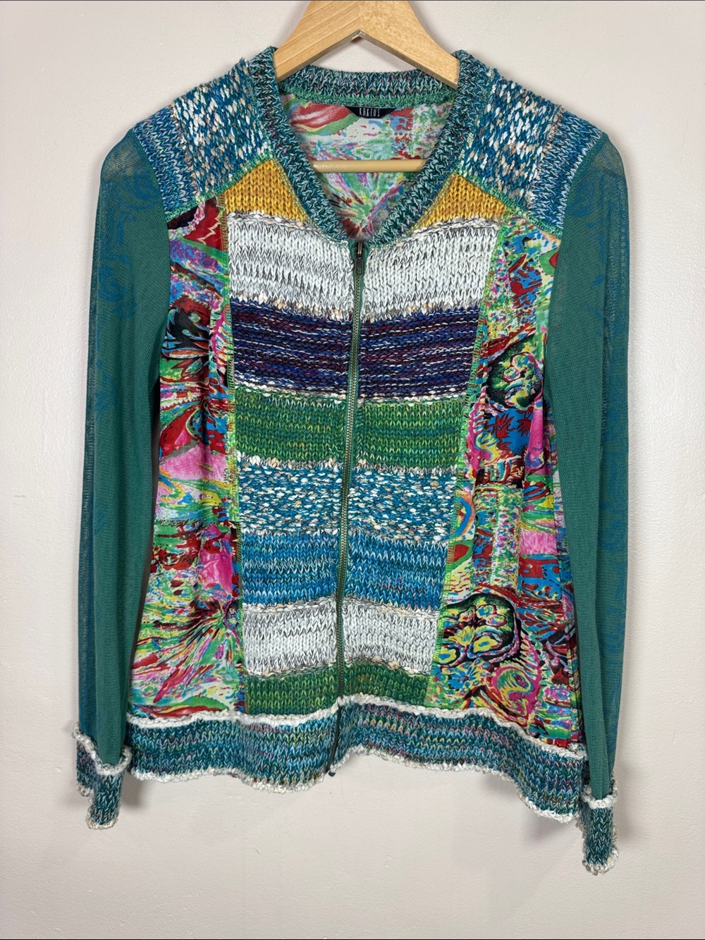 Kaktus Colorful Patchwork Knit Zip Cardigan Sweater Boho Sheer Phoebe S/M
